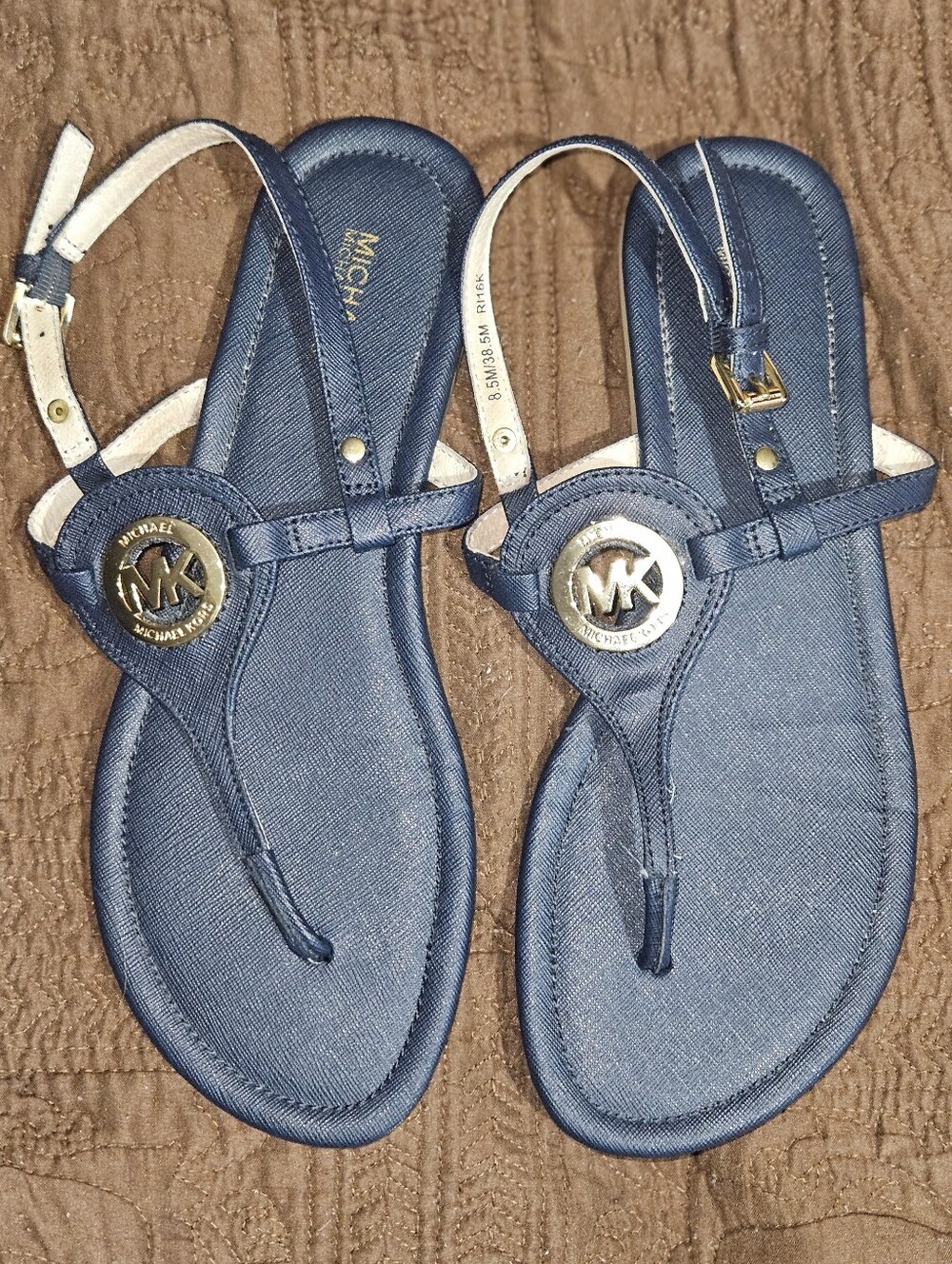 Michael Kors Blue T-Strap Sandals with Gold Logo 8.5